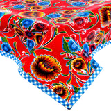 bloom red oilcloth tablecloth with blue gingham trim