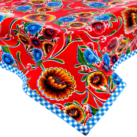 bloom red oilcloth tablecloth with blue gingham trim