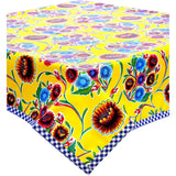 bloom yellow oilcloth tablecloth with navy blue gingham trim