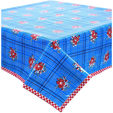 bouquet blue oilcloth tablecloth with red gingham trim