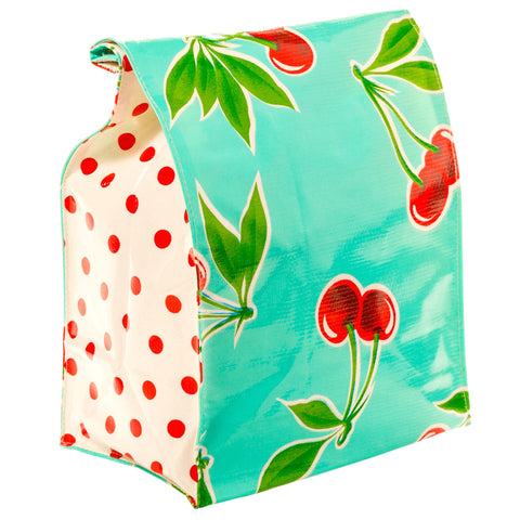 cherry aqua oilcloth lunch bag