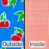 cherry blue oilcloth cosmetic bag lined with mini orange gingham