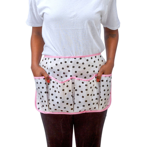 Freckled Sage Oilcloth Gardening Apron Dot Black with Pink Trim