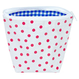 dot pink oilcloth cosmetic bag lined with gingham blue