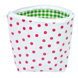 dot pink oilcloth cosmetic bag lined with gingham lime