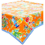 square edgar's butterfly orange oilcloth tablecloth with blue gingham trim