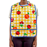 gingham and fruit yellow oilcloth adult bib