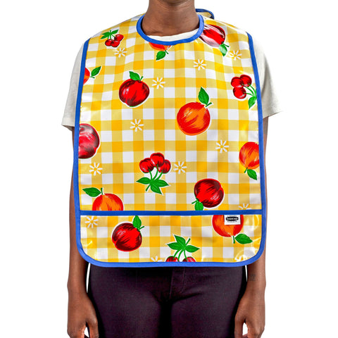 Freckled Sage Oilcloth Adult Bib Fruit and Gingham Yellow