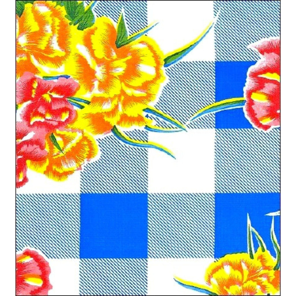 freckled sage gingham and flowers blue oilcloth swatch