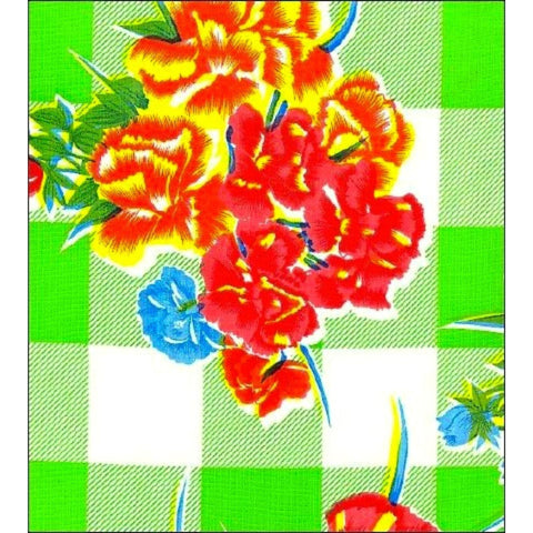 freckled sage gingham and flowers lime green oilcloth swatch