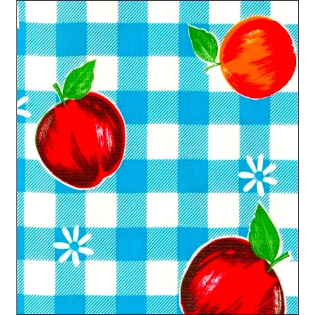 freckled sage gingham and fruit light blue oilcloth swatch