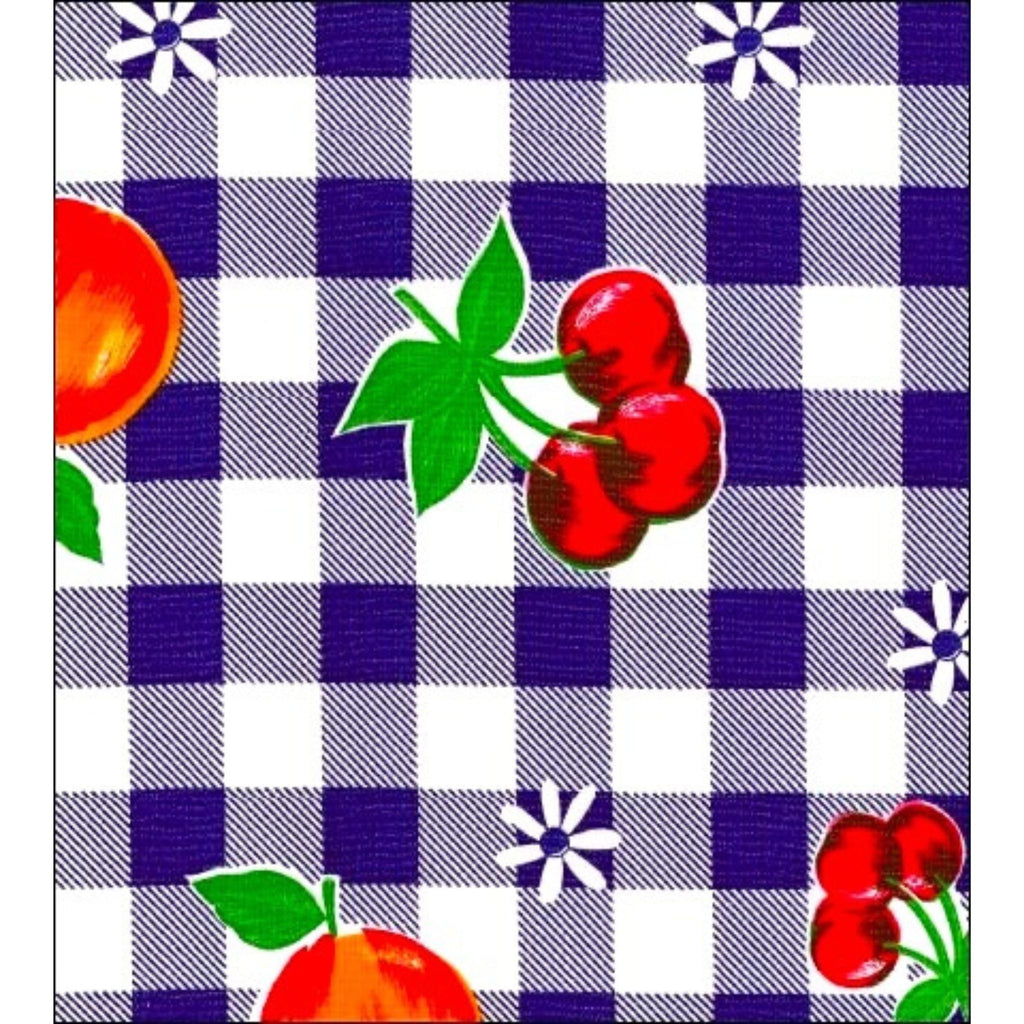 freckled sage gingham and fruit navy blue oilcloth swatch