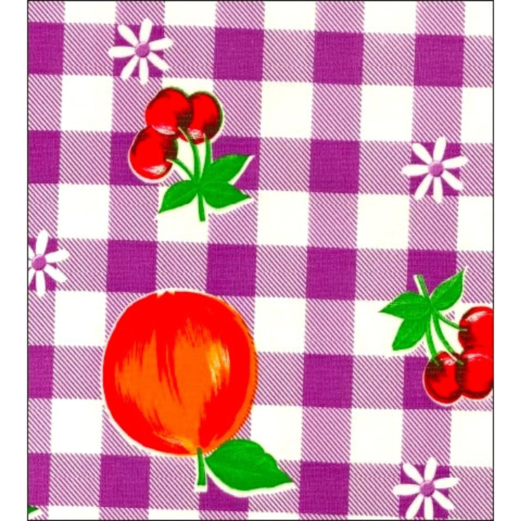 freckled sage gingham and fruit purple oilcloth swatch
