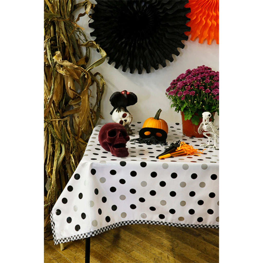 halloween decorated big dot black and silver oilcloth tablecloth with black gingham trim