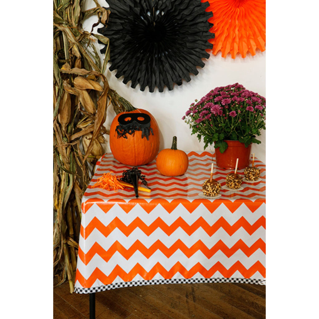 halloween decorated chevron orange oilcloth tablecloth with black gingham trim