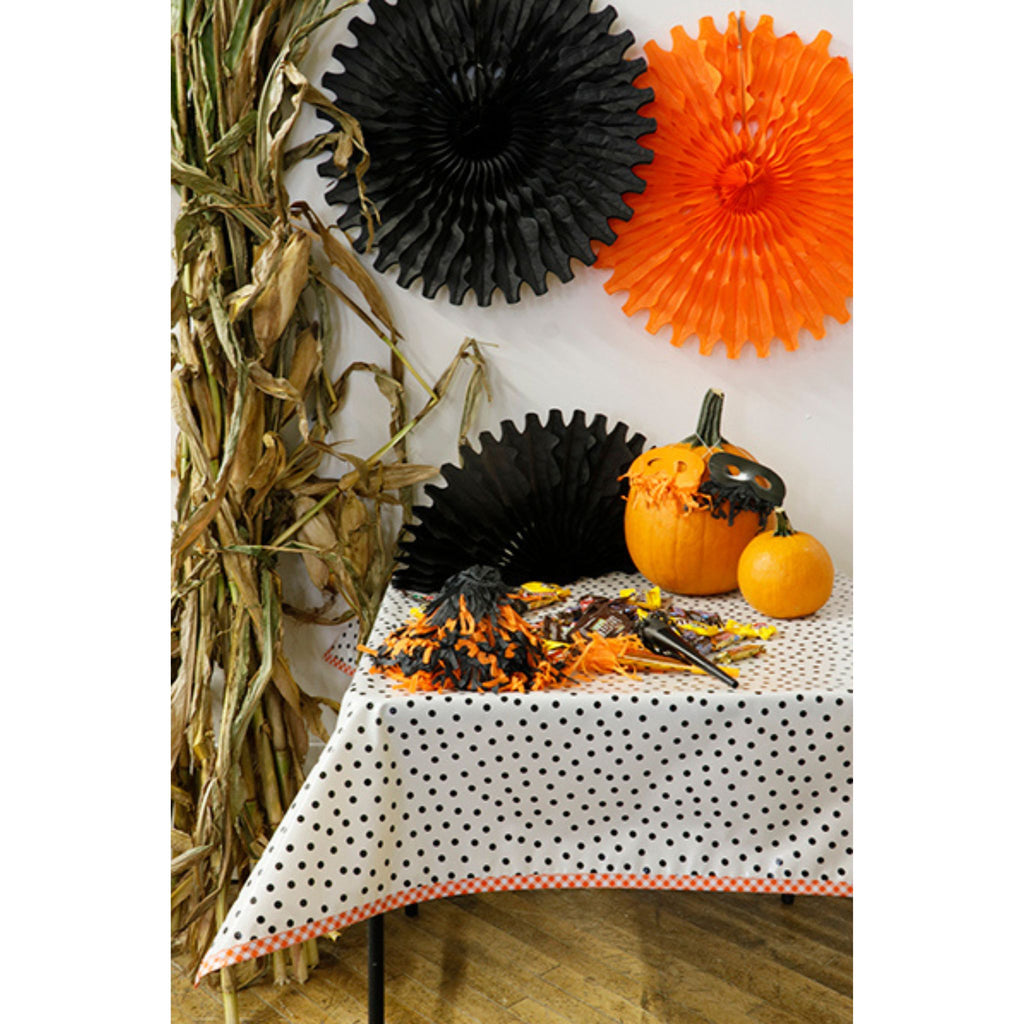 halloween decorated dot black oilcloth tablecloth with orange gingham trim