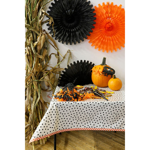 halloween decorated dot black oilcloth tablecloth with orange gingham trim