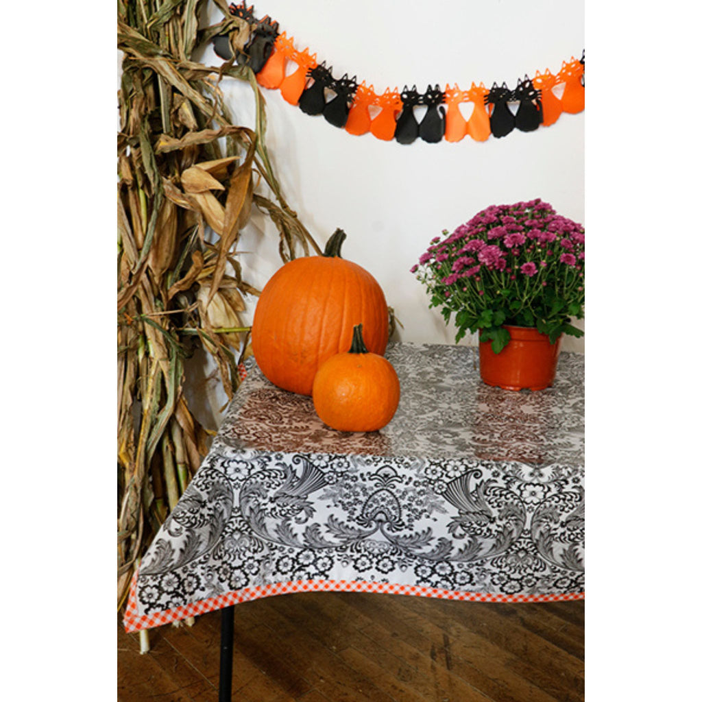 halloween decorated toile black oilcloth tablecloth with orange gingham trim