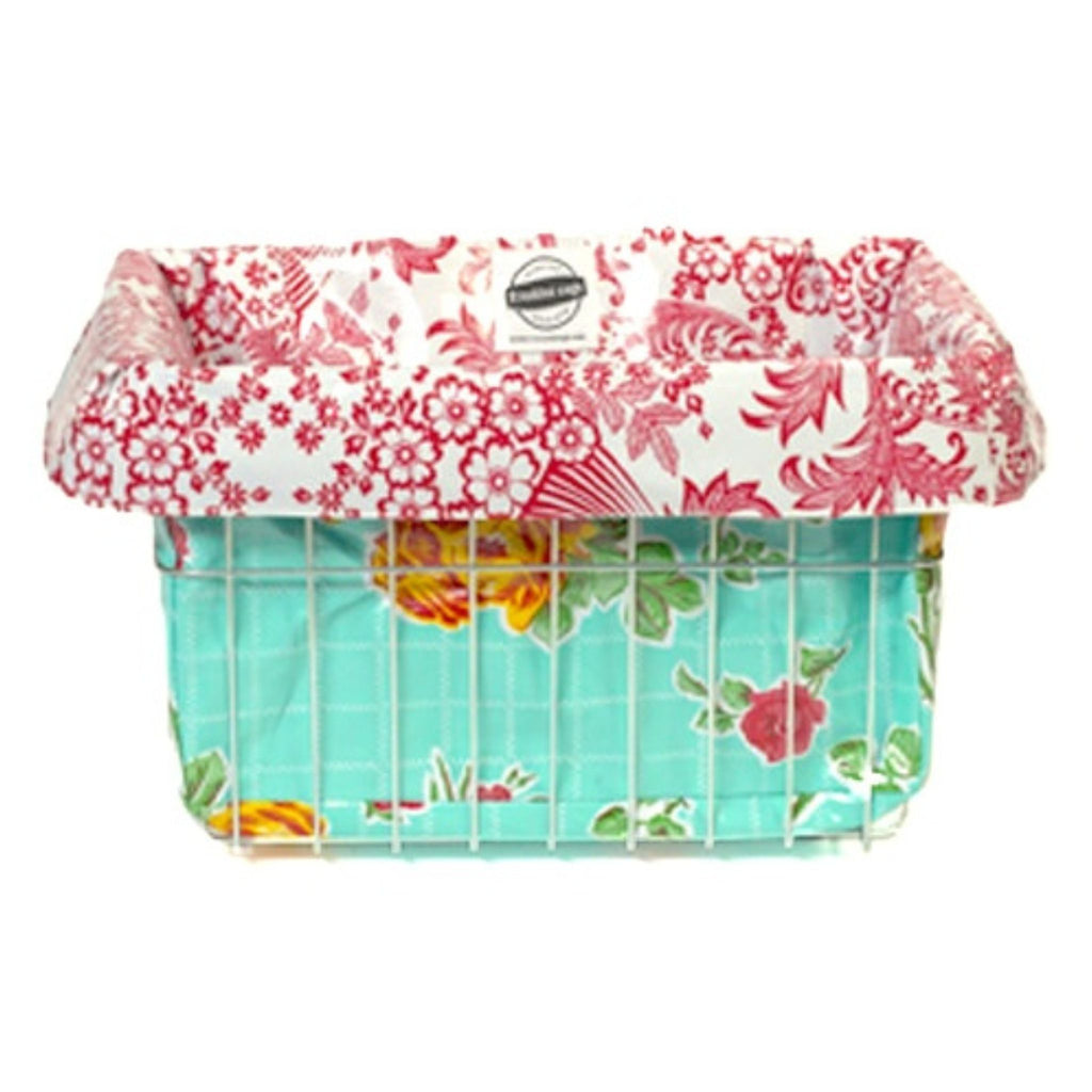 freckled sage oilcloth bike basket liner in rose and grid aqua