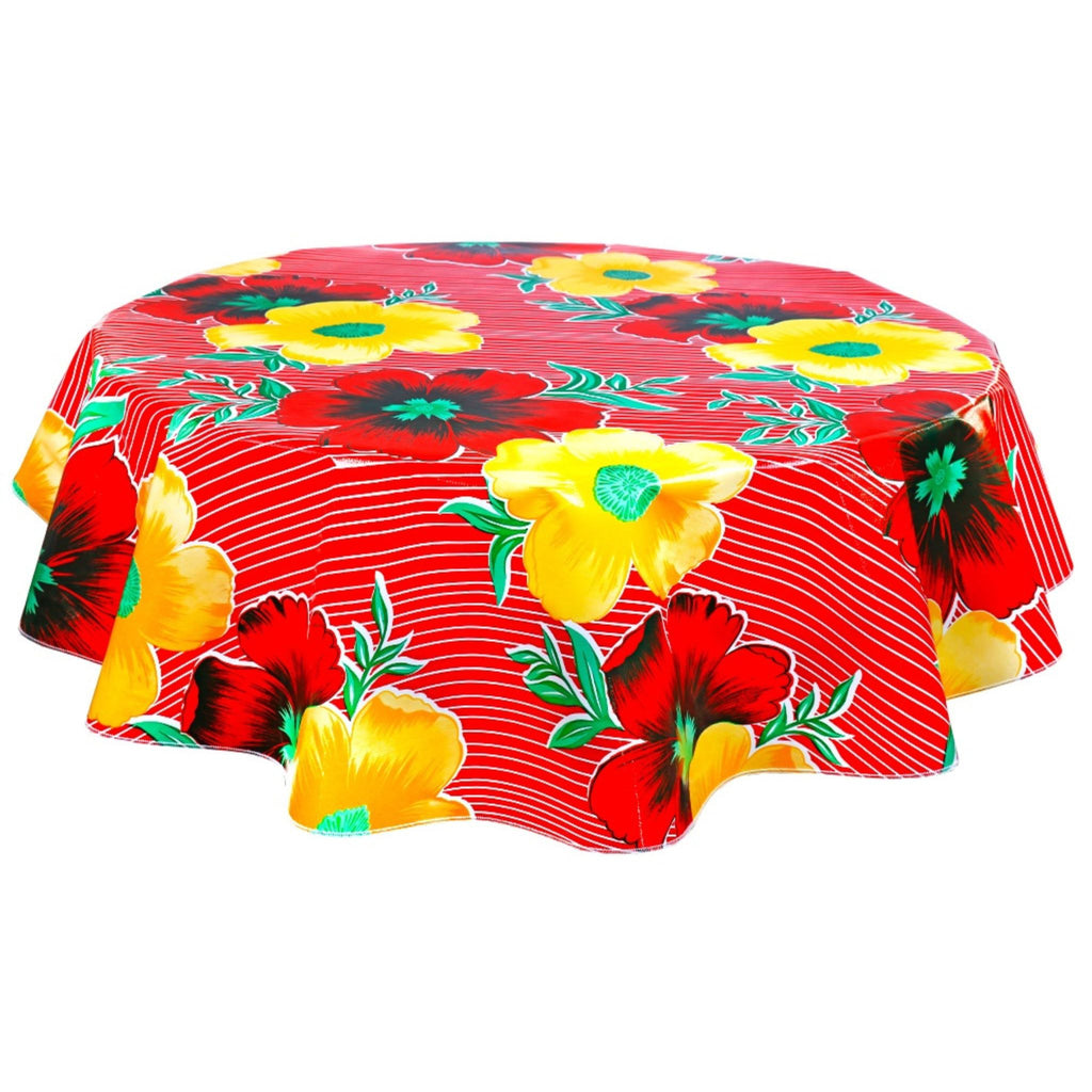 round big flowers and stripes red oilcloth tablecloth