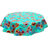 Round Bloom Aqua Oilcloth Tablecloths