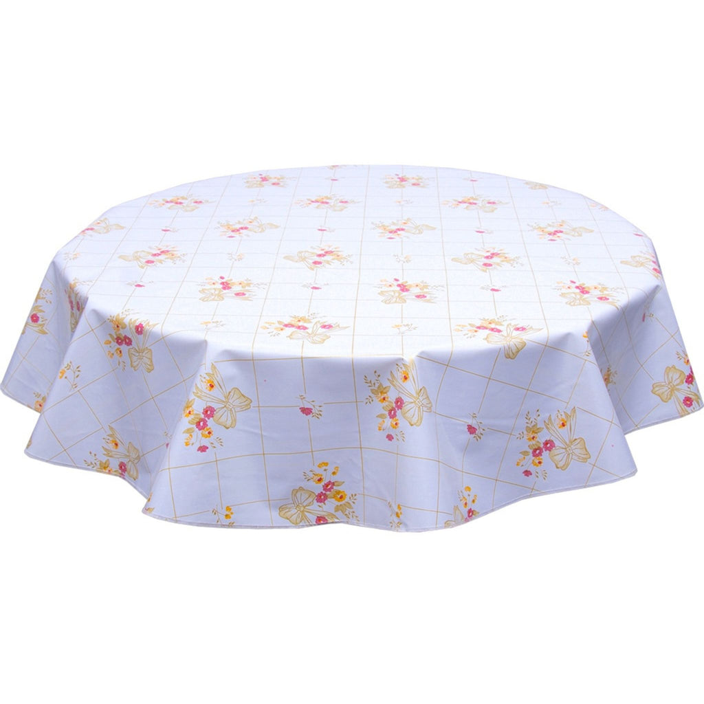 round bows and bouquet gold on white oilcloth tablecloth