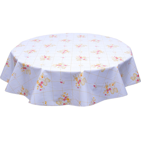 round bows and bouquet gold on white oilcloth tablecloth
