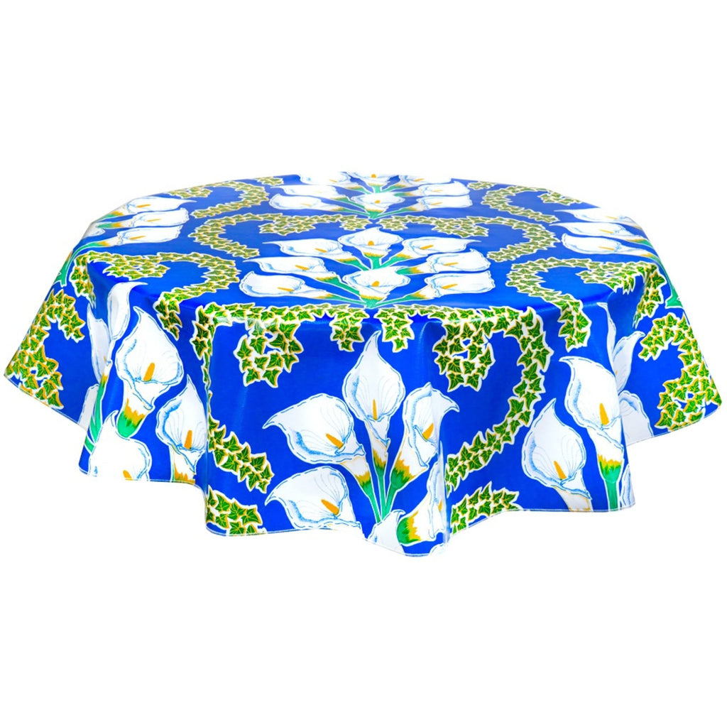 round calla lily blue oilcloth tablecloth