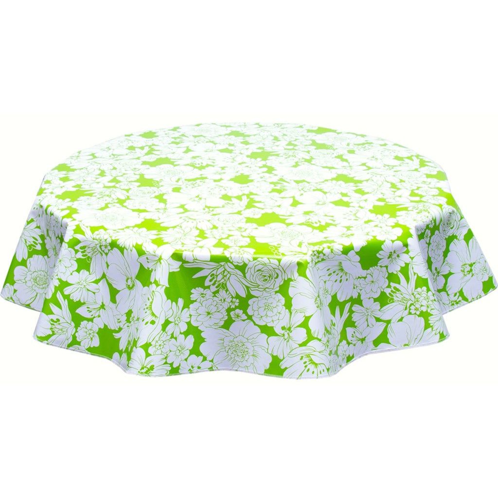 round chelsea flowers on lime green oilcloth tablecloth