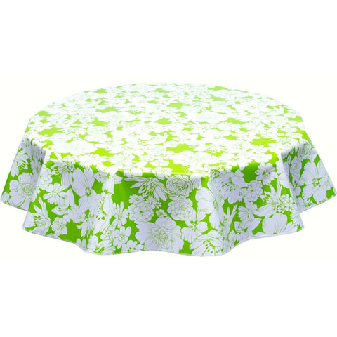 round chelsea flowers on lime green oilcloth tablecloth