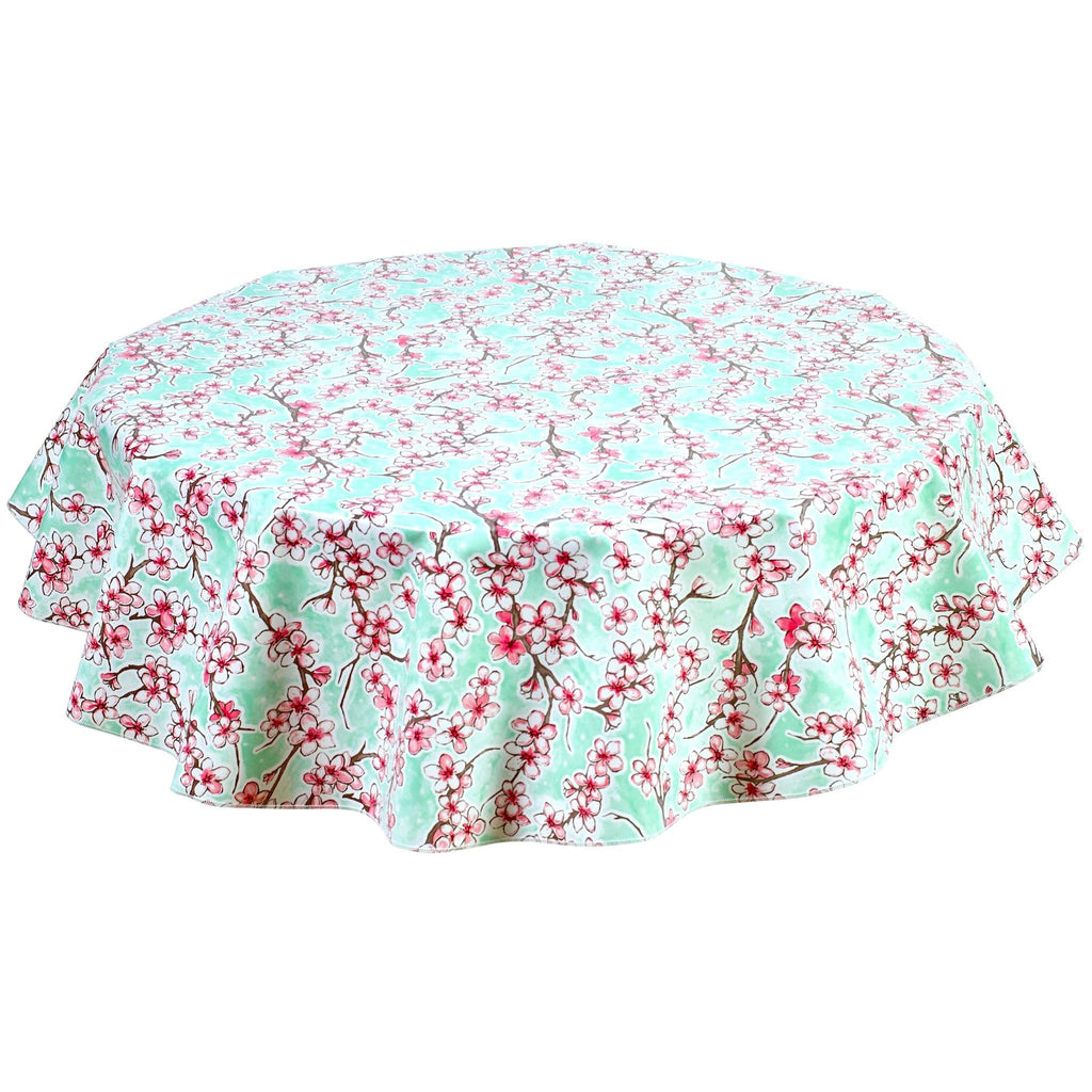 round cherry blossom aqua oilcloth tablecloth