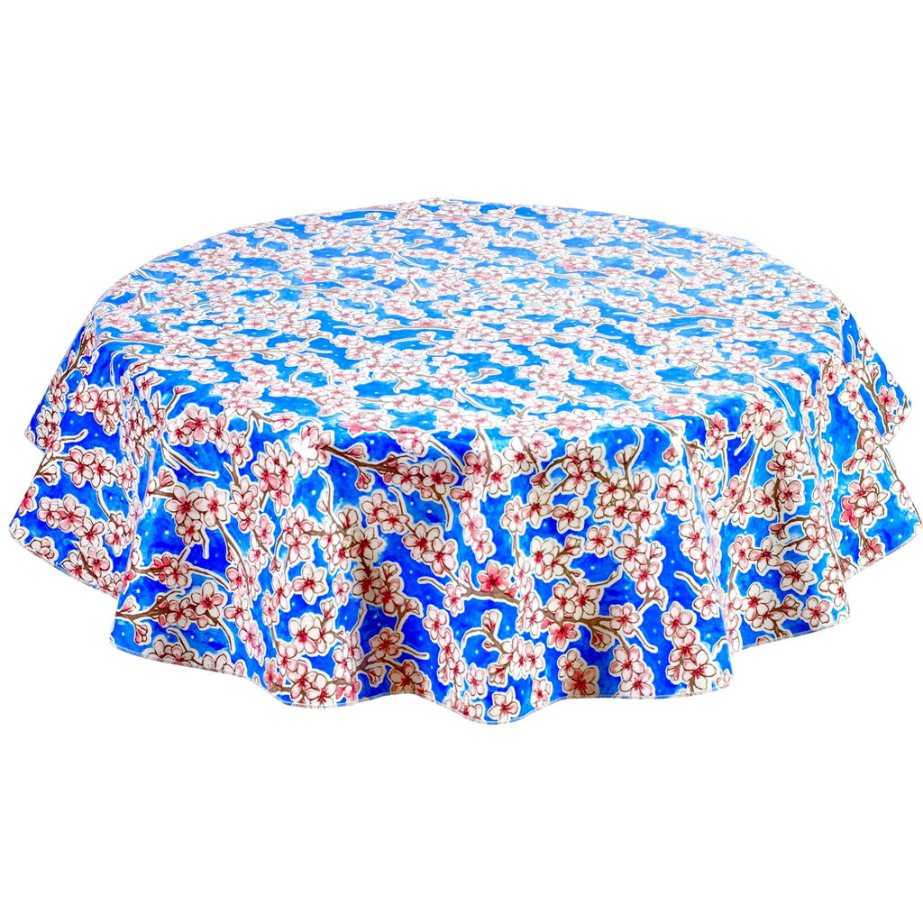 freckled sage round cherry blossom blue oilcloth tablecloth