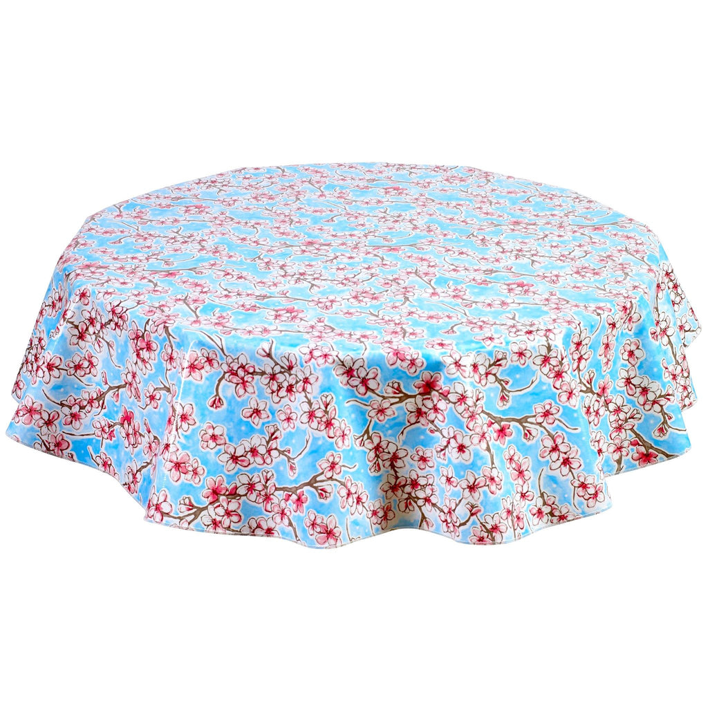 round cherry blossom light blue oilcloth tablecloth