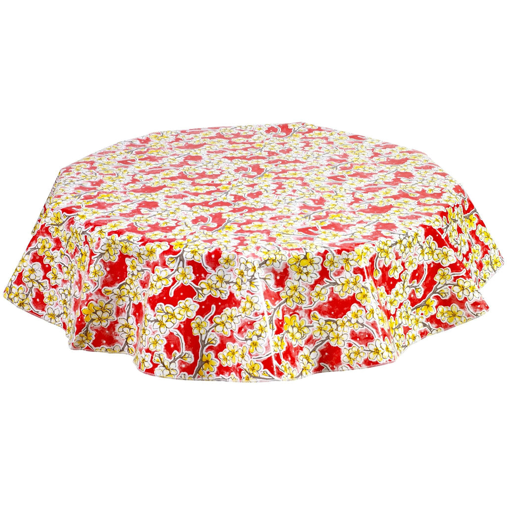 freckled sage round cherry blossom red oilcloth tablecloth