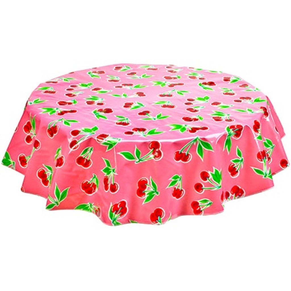 round cherry pink oilcloth tablecloth