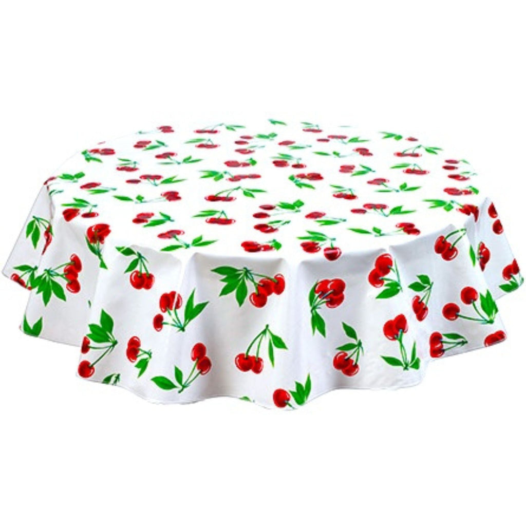round cherry white oilcloth tablecloth