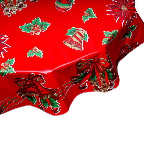 round christmas bells and bows red oilcloth tablecloth