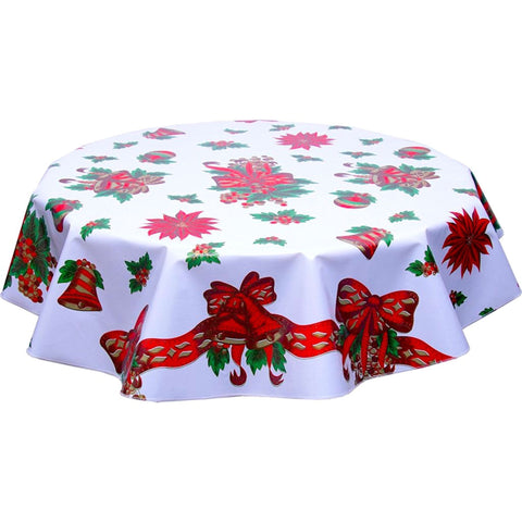 round christmas bells and bows white oilcloth tablecloth
