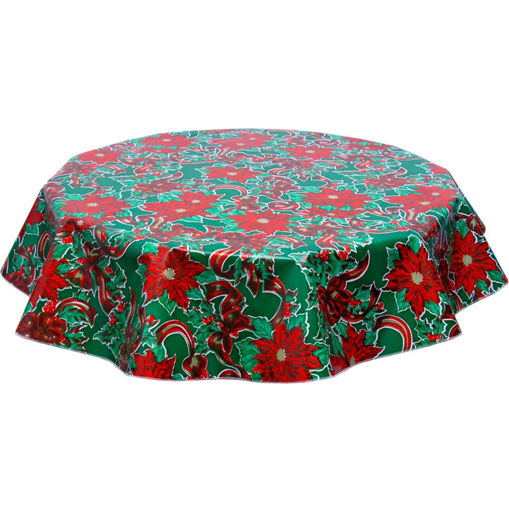 round christmas ribbons and holly green oilcloth tablecloth