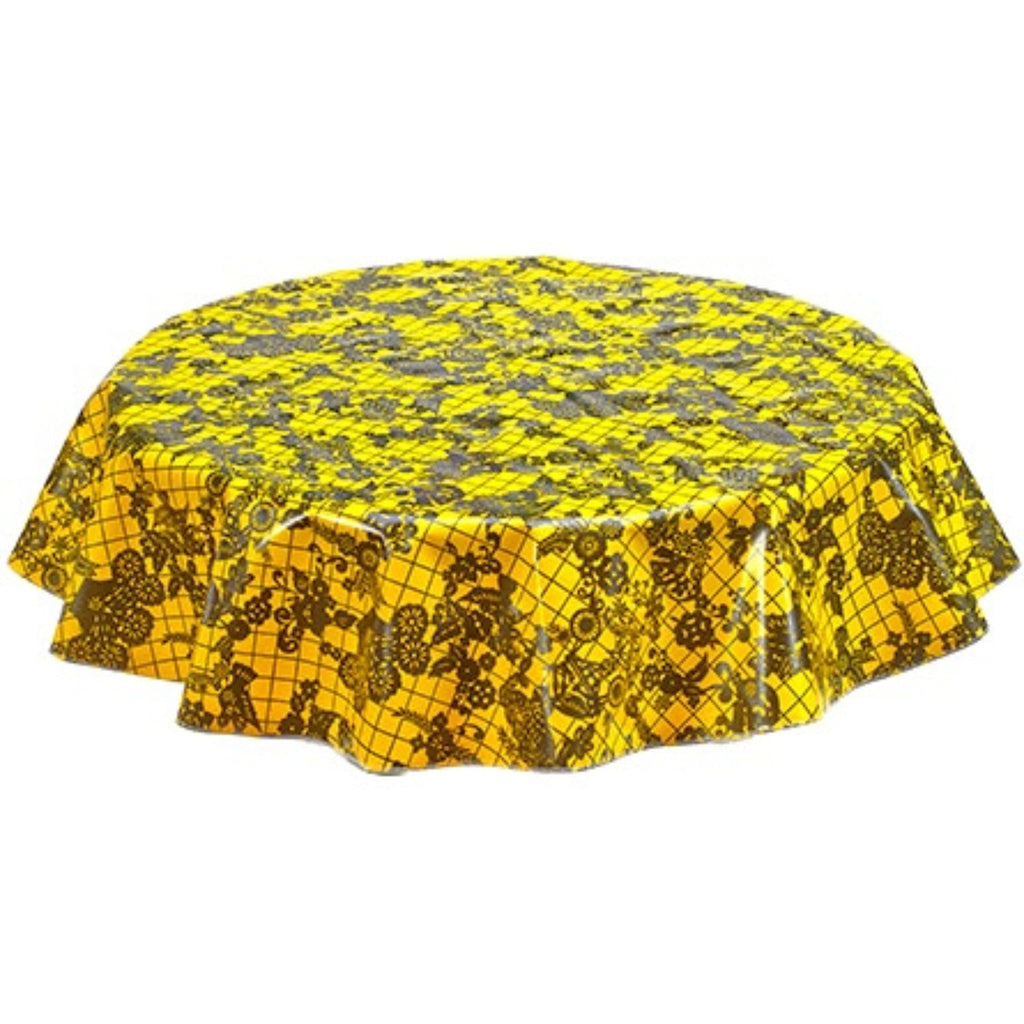 round day of the dead black on yellow oilcloth tablecloth