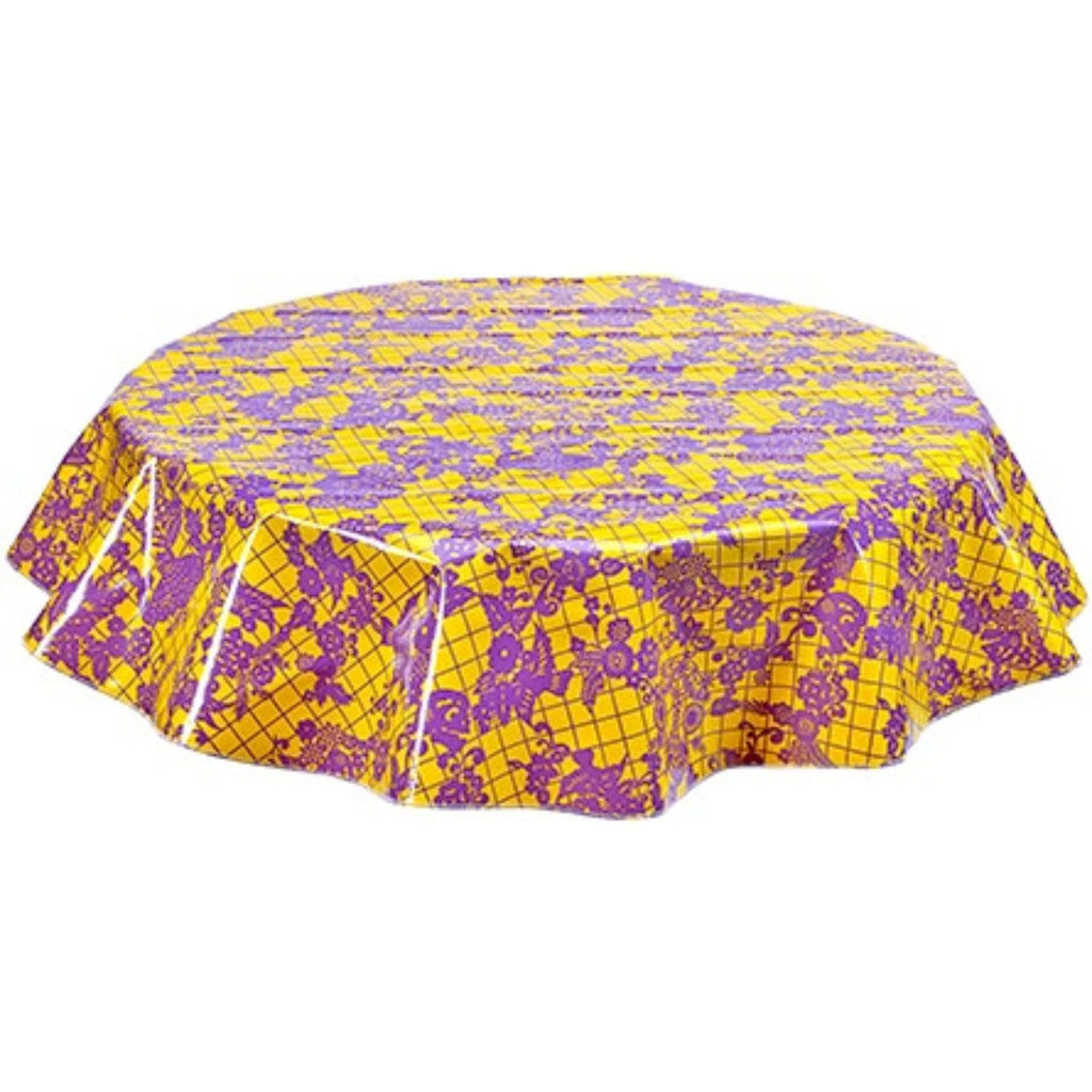 Round Day of the Dead Purple on Yellow Oilcloth Tablecloths