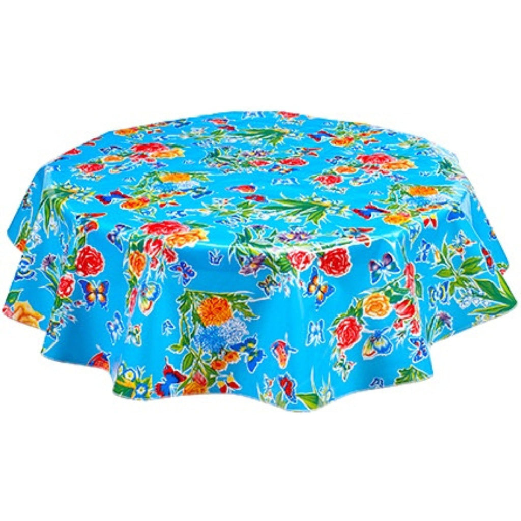 round edgar's butterfly light blue oilcloth tablecloth
