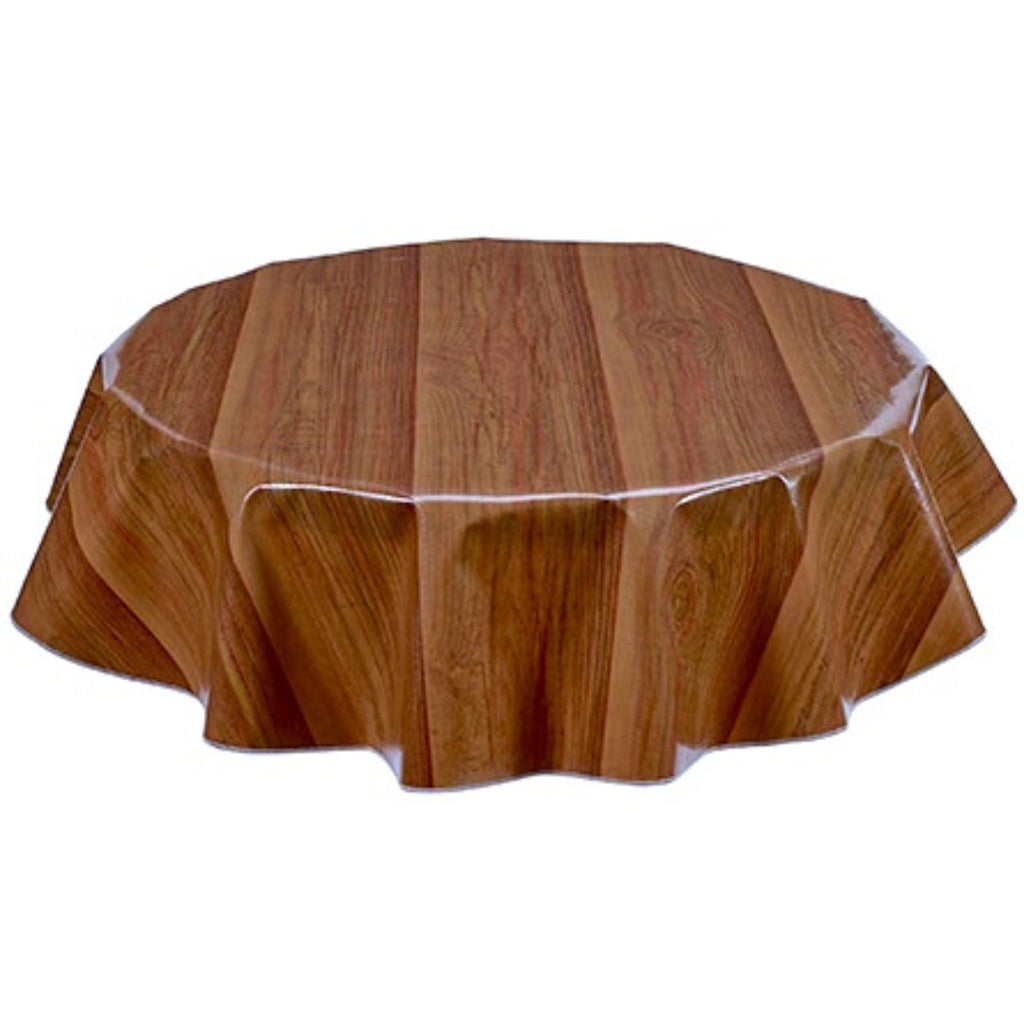 round faux bois plank walnut oilcloth tablecloth