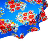 round flowers on blue oilcloth tablecloth