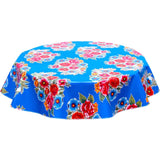 round flowers on blue oilcloth tablecloth