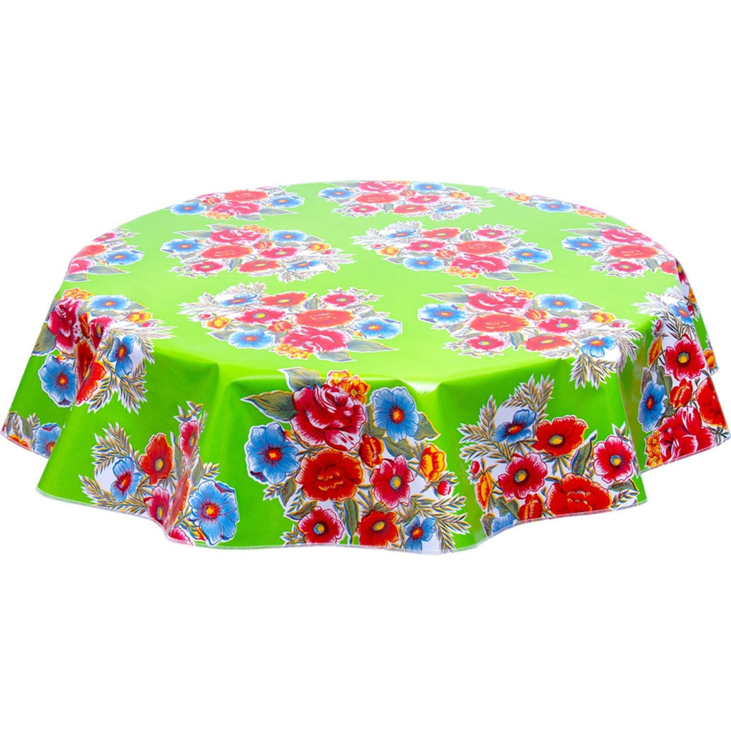 round flowers on lime green oilcloth tablecloth