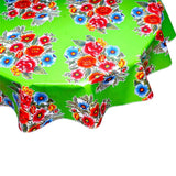 round flowers on lime green oilcloth tablecloth