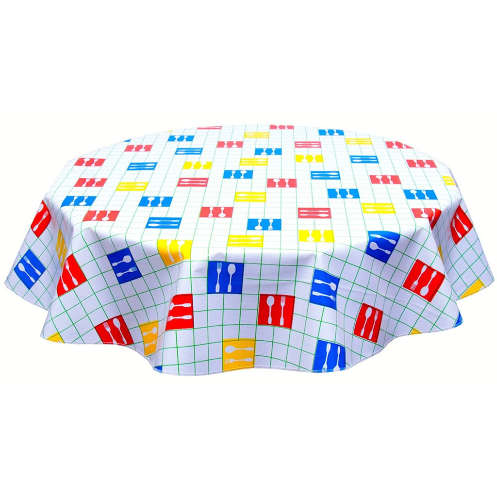 round forks and spoons lime green oilcloth tablecloth