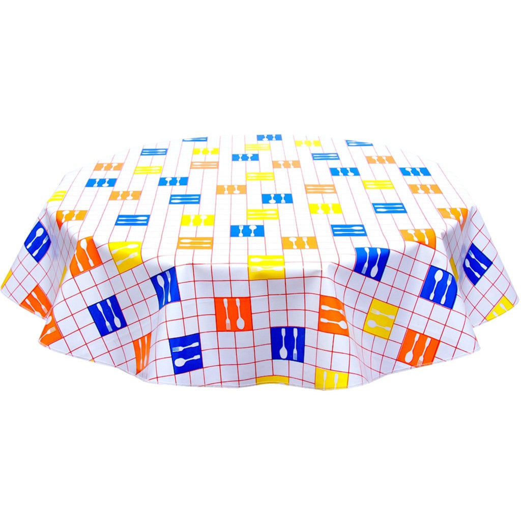 round forks and spoons red oilcloth tablecloth