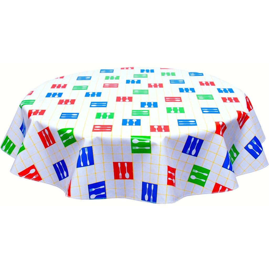 round forks and spoons yellow oilcloth tablecloth